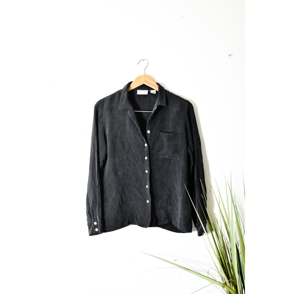 Preview Collection Silk Button Down Shirt Womens Medium Black Y2K Vintage Pocket